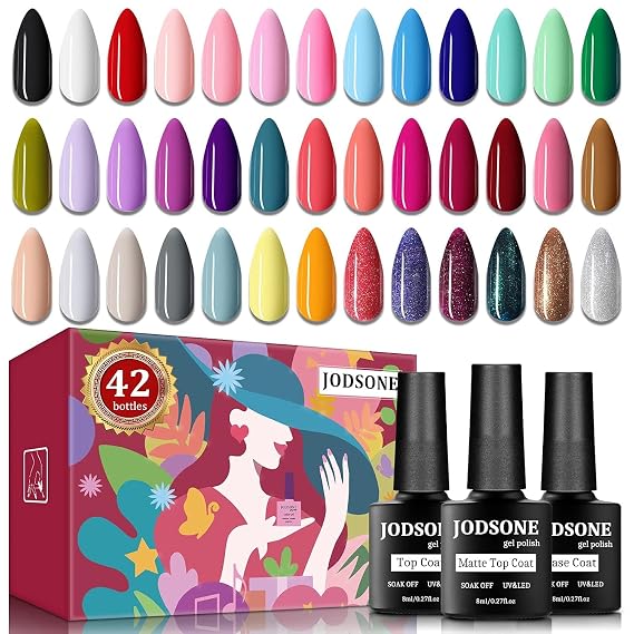 JODSONE 42 Pcs Gel Nail Polish Kit, 39 Colors Gel Polish Soak Off Gel Nail Kit with Glossy and Matte Gel Top Coat Base Coat 8ml Each Bottle Gel Nail Kit Beautiful Box Gifts for Women
