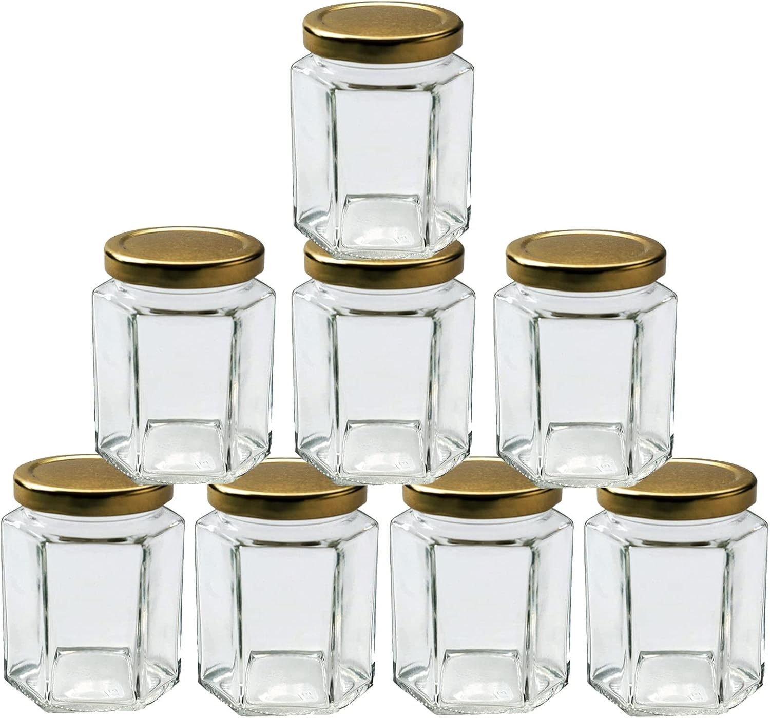Offer Shop 190ml  7 oz Hexagonal Glass Jars with Lid - Pack of 8 Clear Airtight Preserving Glass Jars for Jam, Yogurt, Pickle