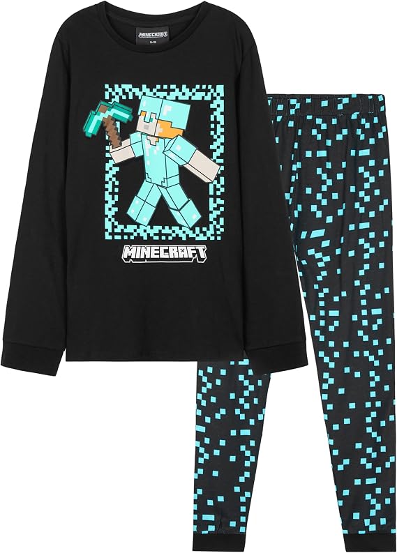 Minecraft 2-Pc Boys Pajama Set with Long Sleeve Cotton T Shirt & PJ Pants, Sleepwear Size 7-14, Creeper Gamer Gifts for Boys