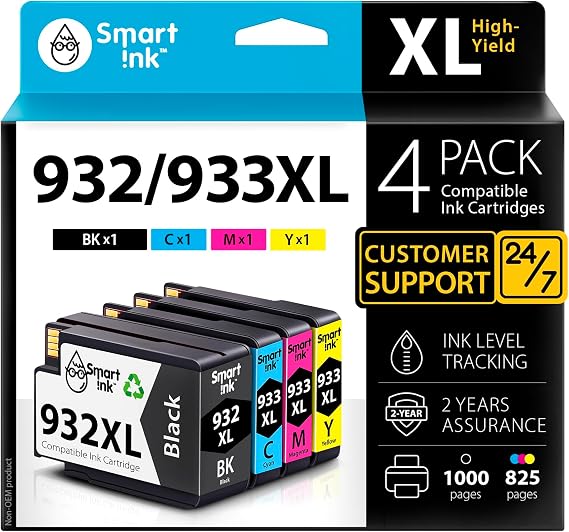 Smart Ink Compatible Ink Cartridge Replacement for HP 932XL 933XL 932XL 933 XL 4 Combo Pack (XL Black, Cyan, Magenta Yellow) to use with HP Officejet 6100 6600 6700 7110 7510 7610 7612 7620 Printers