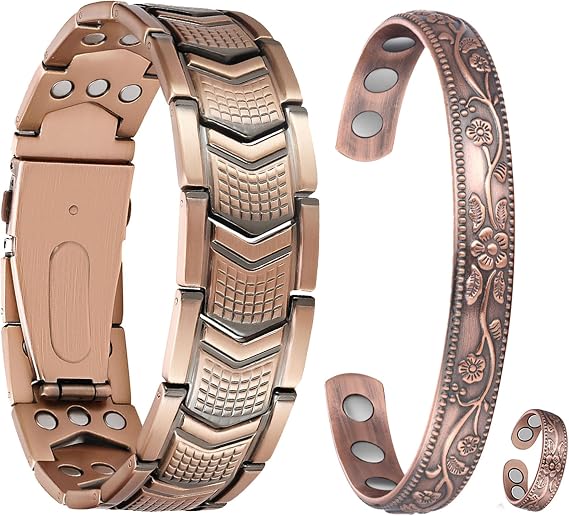 Feraco Copper Bracelet for Men Women 3X Strength,2 Magnetic Therapy Bracelet Copper Jewelry with Ring,Powerful 3800 Gauss Magnets,Premium Fold-Over Clasp