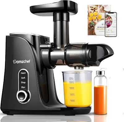 Juicer Machines, AMZCHEF Slow Cold Press Juicer with 2 Speed Modes, Travel bottles500ML,Easy to Clean Brush & Quiet Motor for Vegetables & Fruits,Matte Black