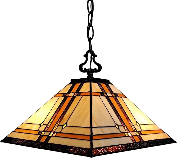 Tiffany Style Hanging Pendant Lamp Mission Ceiling 14" Wide Stained Glass Shade Antique Vintage 2 Light Decor Restaurant Game Living Dining Room Kitchen Gift AM1053HL14B Amora Lighting