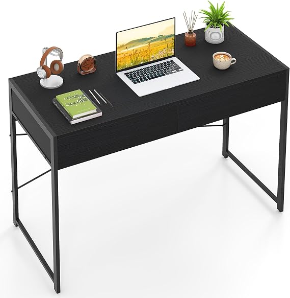 COSTWAY Computer Desk with 2 Drawers, Compact Wooden PC Laptop Table Writing Workstation, Simple Home Office Working Gaming Study Desk (111 x 48 x 76cm, Black)