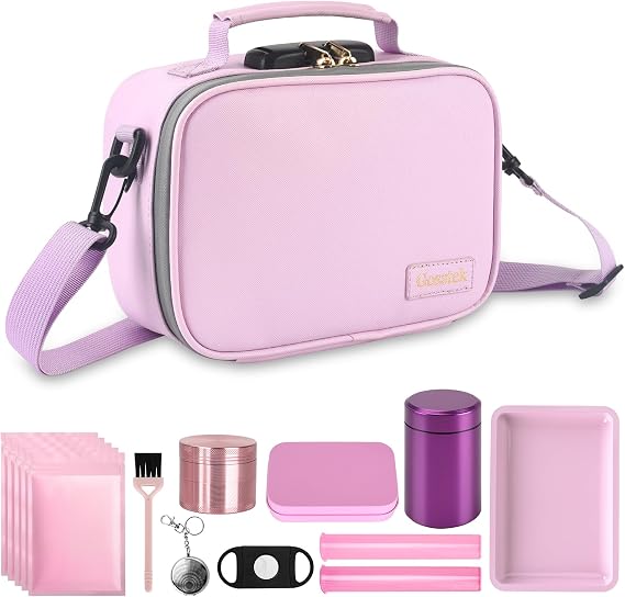 Gosstek PU Leather Smell Proof Bag with 10 PCS Accessories, Portble Smell Proof Box Case with Lock and Great Gift for Women, Childproof Travel Odorless Container 9 X 6 X 4 Inches (Pink)