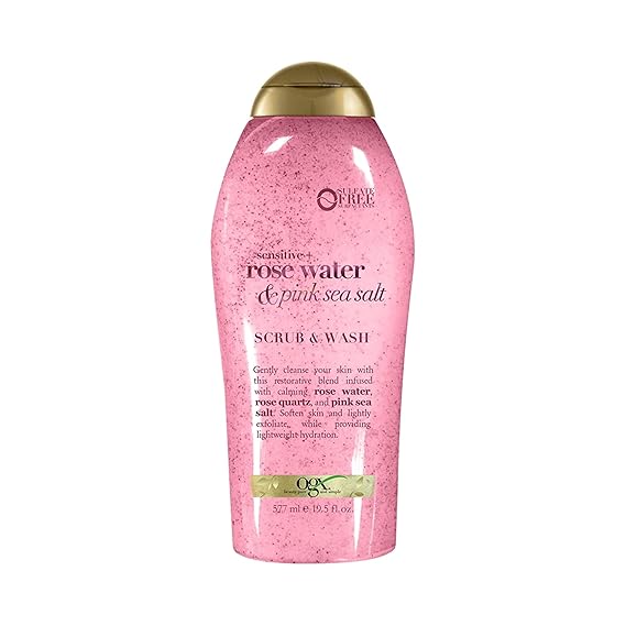 OGX Sensitive  Rose Water & Pink Sea Salt Exfoliating Body Scrub  Rose Quartz, Gentle Exfoliating Daily Body Wash Softens Skin, Body Scrub for Women, Sulfate-Free Surfactants, 19.5 fl oz