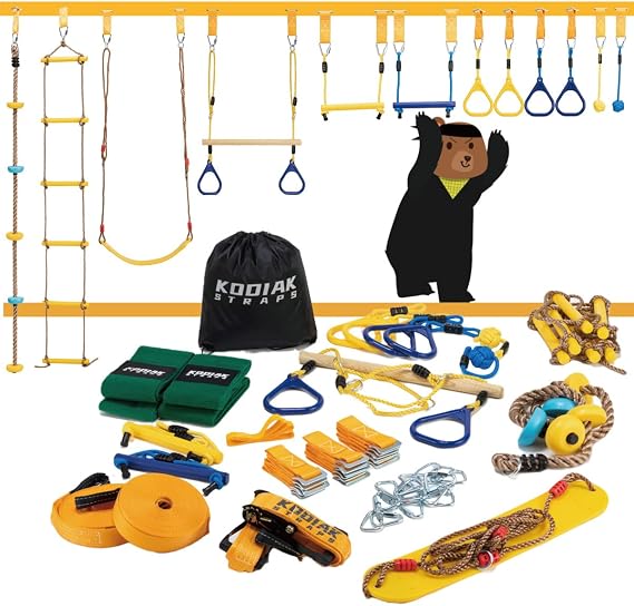 Ninja Warrior Obstacle Course for Kids 2x60 Double Ninja Slackline with 12 Complete Obstacles-Climbing Rope, Ladder, Swing and Monkey Bars-Having Fun Becoming a Ninja Warrior!