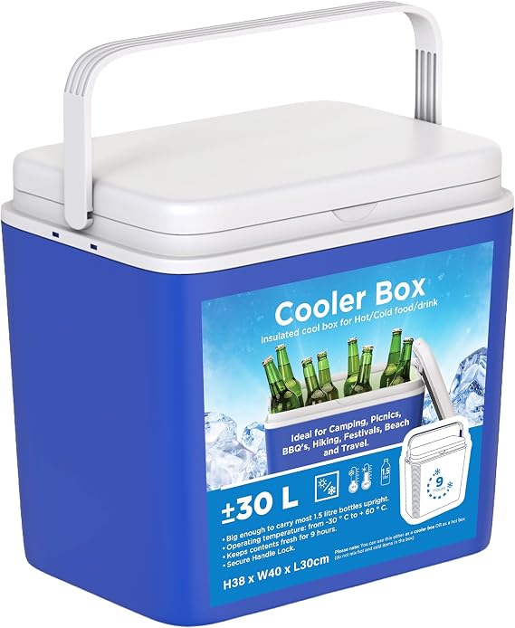 Large 30L Cooler Box Hot/Cold Insulated Freezer Cool 9 Hours Picnic Camping Portable with Carry Handle, packaging may vary, Blue