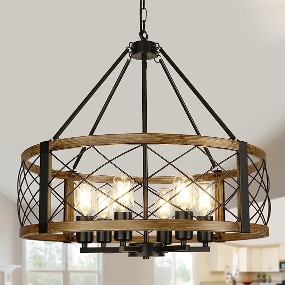 Modern Chandelier for Dining Room, 6-Light Wood Grain Finish Farmhouse Chandelier, 22.5 Rustic Drum Hanging Light Kitchen Island, Round Metal Hanging Light Fixture for Foyer, Entryway, Bedroom