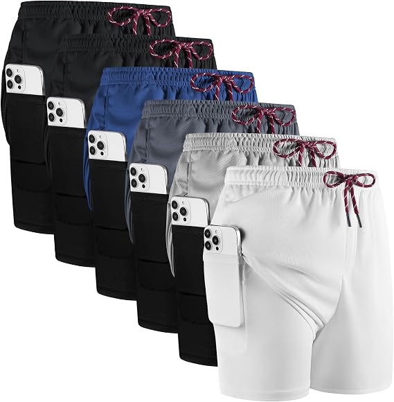 6 Pack Men's 2 in 1 Workout Shorts 5 Quick-Dry Athletic Gym Shorts Lightweight Mesh Running Shorts with Pockets