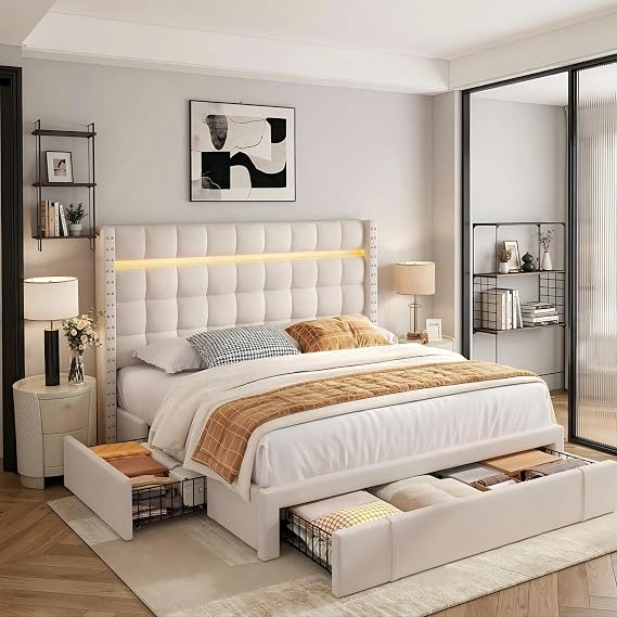EnHomee Full Bed Frame with Adjustable Headboard &3 Storage Drawers,Upholstered Bed Frame Full Size with LED Light,No Box Spring Needed,Noise Free,Easy Assembly,Beige