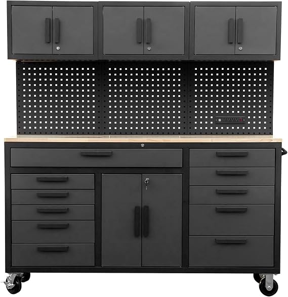 BIG RED 72in Rolling Tool Chest Cabinet Mobile Garage Workbench Heavy-Duty Tool Cabinet on Wheels with 11 Drawers, Pegboard & Power Strip for Tool Organization