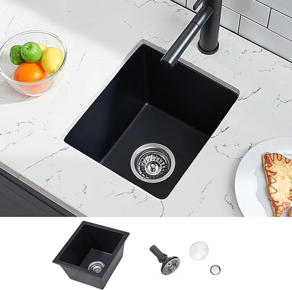 IKEBANA 13 x 15 Inch Black Quartz Bar Sink, Undermount Single Bowl Small Composite Wet Bar Prep Bar Rv Sinks