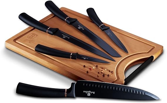 6 pcs knife set with bamboo cutting board, black- rose gold