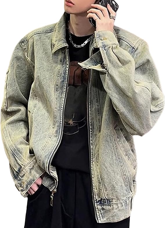 Men Distressed Washed Denim Jackets Outdoor Fashion Zipper Denim Outerwear Fall Street Elastic Hem Jean Jacket