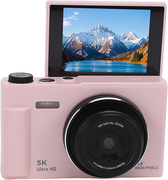 Acogedor 5K Digital Camera, 75MP, 2.8 Inch, 180° Flip Screen, 18X Intelligent Zoom, Auto Focus, 5K Video Recording, Creative Filter, Filllight, Travel Camera, Travel, Selfie PINK