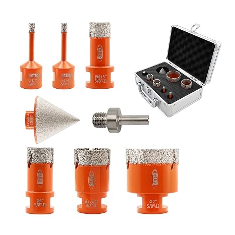 Diamond Core Drill Bit Kit BGTEC Diamond Hole Saw Tile Cutter for Porcelain Tile Ceramic Marble Brick Granite Stone, 5/8"-11 Thread 6/6/20/25/35/50mm+50mm Chamfer Bit+Triangle Adapter
