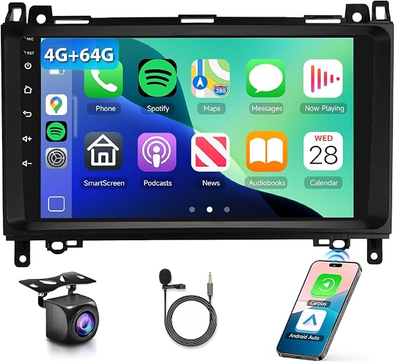 4G+64G Android Car Stereo for Mercedes Benz W169 W245 B160 B170 B180 B200 W639 Vito Viano W906 Sprinter, CarPlay Android Auto 9" IPS Touch Screen GPS WiFi Bluetooth DSP Audio HD Camera