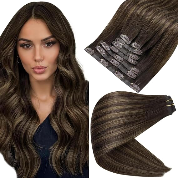 Full Shine Seamless Clip in Hair Extensions 22 Inch Dark Brown Balayage to Light Brown with Caramel Blonde Real Human Hair Straight Hair for Long 8 Pcs 120g