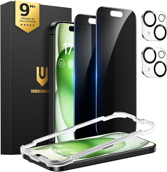 UNBREAKcable iPhone 15 Plus Privacy Screen Protector 2-Pack, Upgraded Dual-Tempered Glass + 2 Camera Lens Protectors, 25 Anti-Spy, Military-Grade 9H+, HD Clear, Anti-Fingerprint, 6.7 Inch