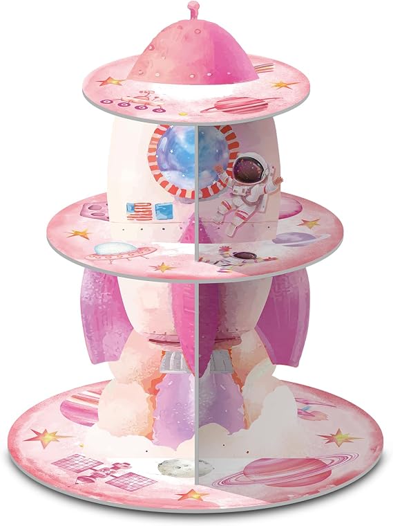 Zopeal Pink Outer Space Party Decoration 3 Tier Astronaut Cupcake Stand
