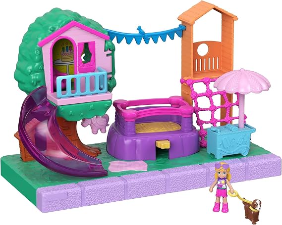 Polly Pocket Pollyville Playground Adventure Playset, Micro Polly Doll, Treehouse, Slide, Bouncy Castle, Jungle Gym, Ice Cream Cart, Peaches Figure & More, Great Gift for Ages 4 Years Old & Up