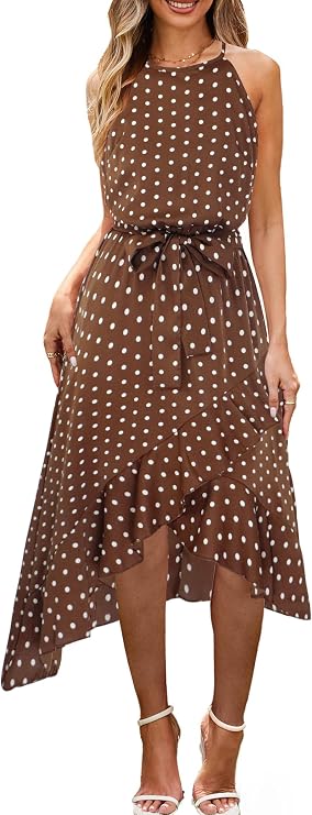 ECOWISH Polka Dot Women Summer Dresses Casual Midi A Line Ruffle High Low Sleeveless Boho Floral Halterneck Cocktail Sundress