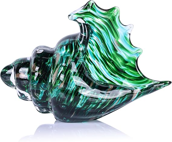 Hand Blown Glass Conch Shell Sculpture, Sea Glass Art Figurines, Blown Glass Decor for Decorating, Teal Conch Shell Decorative Statues, Sea Shell Coastal Decor for Shelf House Room, Beachy Gifts
