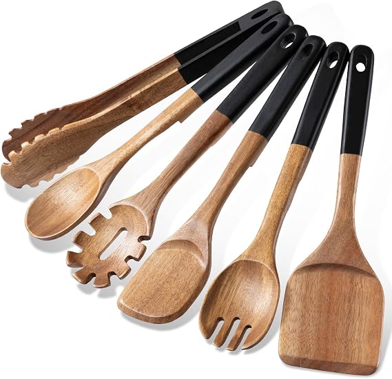6 PCS Natural Acacia Wooden Cooking Utensils Set, Black