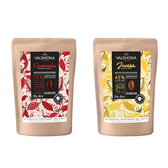 Valrhona Premium Baking Chocolate Discs (Feves), Creamy Milk JIVARA 40% w/Hints of Vanilla and Malt, and Dark Chocolate GUANAJA 70% w/Intense & Smooth with Bitter Notes, For Cookies, Cakes, and more