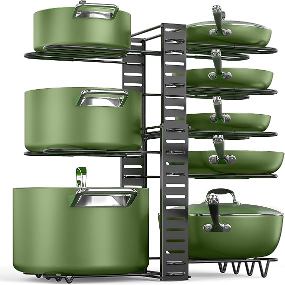 MUDEELA 8-Tier Adjustable Pots and Pans Organizer Rack under Cabinet, Blcak