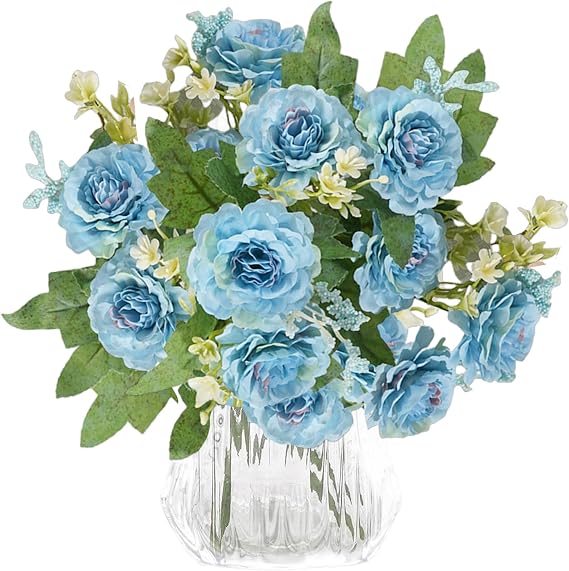 Artificial Flowers for Graves Blue Faux Flowers Artificial Blue Rose Flowers Fake Plant Floral Arrangement for Table Baby Shower Home Kitchen Office Coffee Shop Decorations 0819