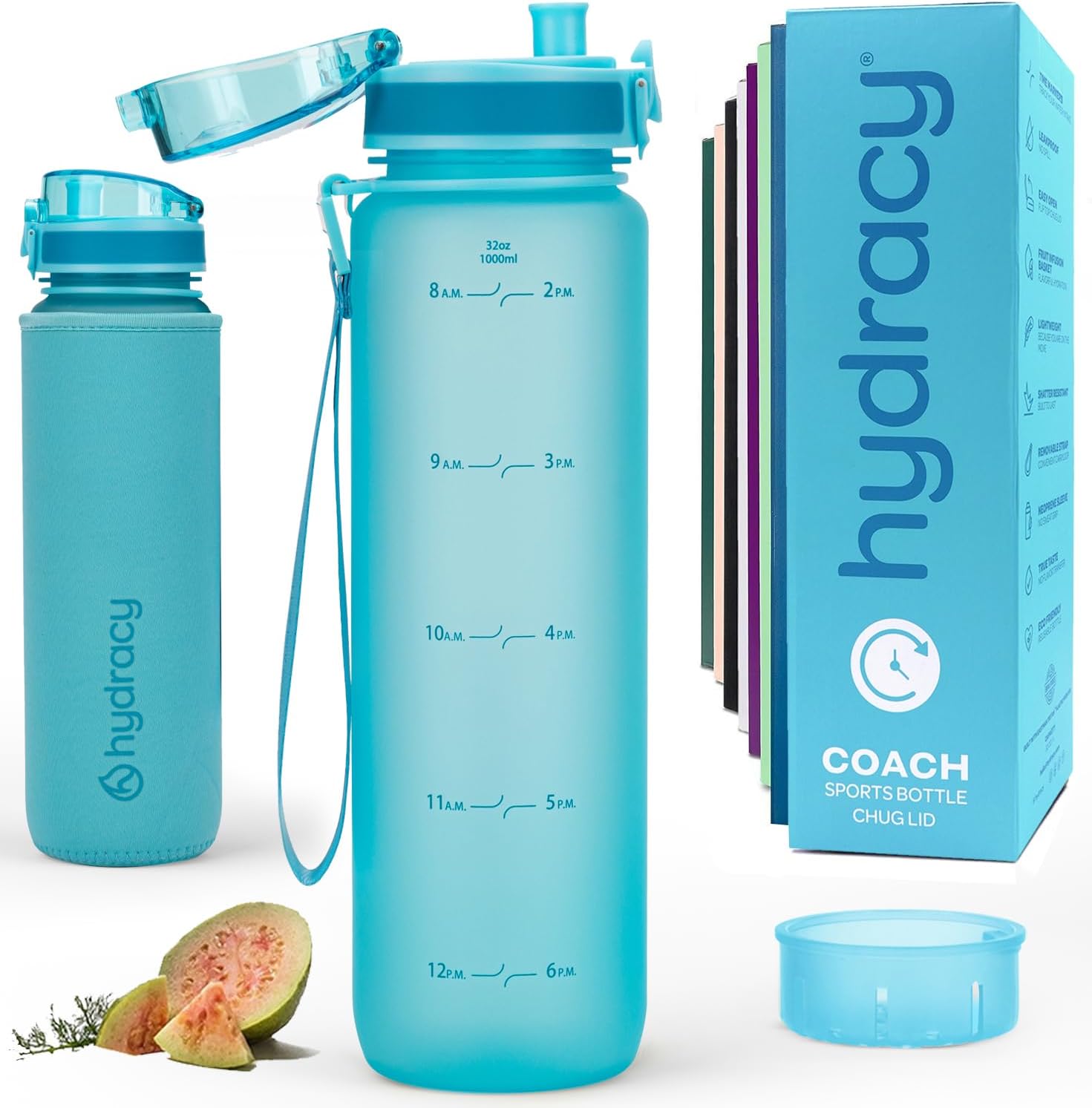 Hydracy Water Bottle with Time Marker -Large 1 Litre BPA Free Water Bottle & No Sweat Sleeve -Leak Proof Gym Bottle with Fruit Infuser Strainer & Times to Drink -Ideal for Fitness Sport & Outdoor