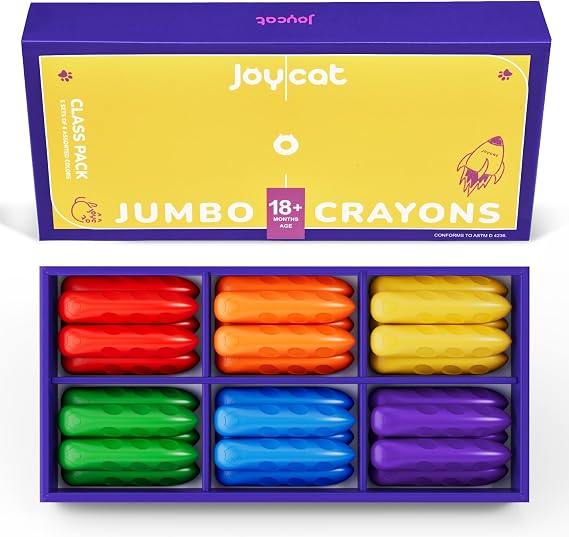 JoyCat Jumbo Crayons Bulk, 30 Count, 6 Colors for Toddlers 1-3, Washable