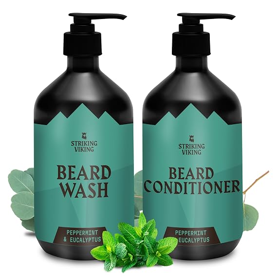 Striking Viking Beard Shampoo and Conditioner - 10 Oz Each | Paraben & Sulfate Free Cleansing Care for All Beard Types with Biotin & Jojoba Oil