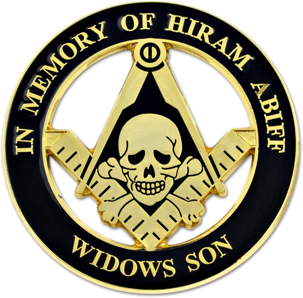 Widows Son Skull Square & Compass Round Masonic Auto Emblem - [Black & Gold][3 Diameter]