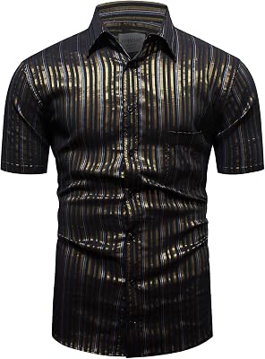 fohemr Mens Striped Vintage Shirt Casual Button Down Short Sleeved Stylish Summer Party Shirt with Pocket