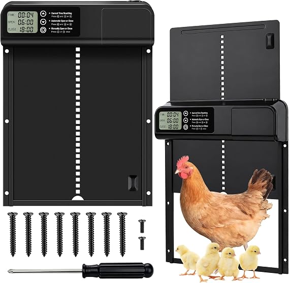 Automatic Chicken Coop Door, Waterproof Automatic Chicken Door with Timer and Manual Mode, Anti-Pinch Chicken Coop Door Automatic Opener with LCD Display, Aluminium Alloy Chicken Coop Door Opener