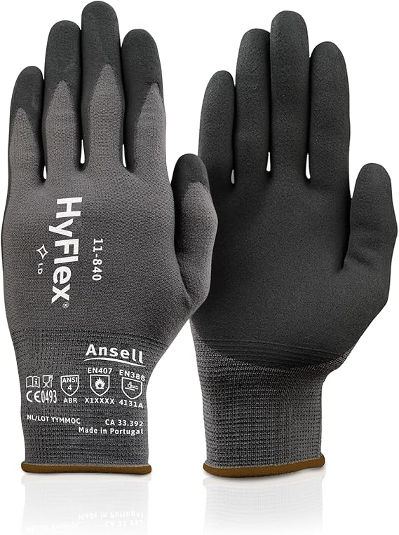 Ansell HyFlex 11-840 Ergonomic Abrasion-Resistant Nylon Spandex Nitrile Coated Industrial Gloves for Automotive, Fabrication