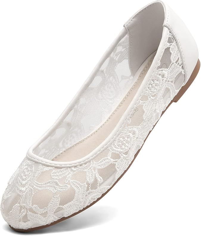 Greatonu Women's Ballet Flats Round Toe Slip on Lace ballerina Flat Comfortable Wedding Casual Dressy Floral Flats Shoes