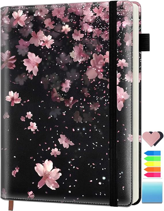 Lined Journal Notebook for Work Writing Women Men Note Taking Diary Gifts, 200 Pages, 5.75'' X 8.46'', A5 Journaling Notebooks,Hardcover Notebook Journals, Cherry Blossom Black Background