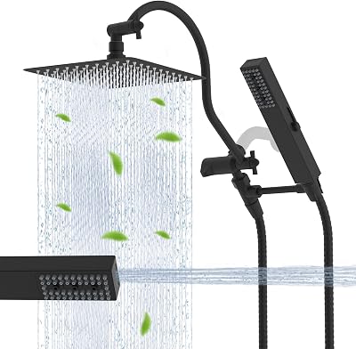 Hibbent All Metal cUPC Certified Shower Head, 10 High Pressure Rainfall Showerhead Combo, Handheld Shower Wand, 12 Adjustable Extension Arm, 4-Spray, 71 Hose, Brass Shower Holder, Matte Black