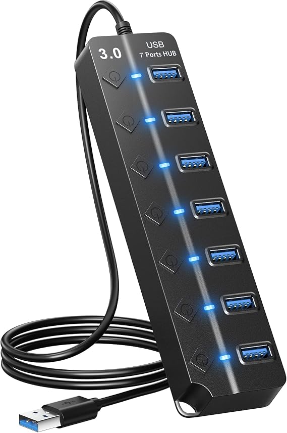 USB Hub 7 Port, USB Splitter with Individual On/Off Switches and Lights.