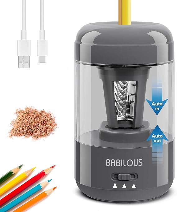 Babilous Electric Pencil Sharpener, Automatic Pencil Sharpener for Kids for Colored Pencils 6-8mm, Auto Stop & Eject, Adjustable Tip Thickness,Pencil Sharpeners for Classroom/Home/Office, Grey