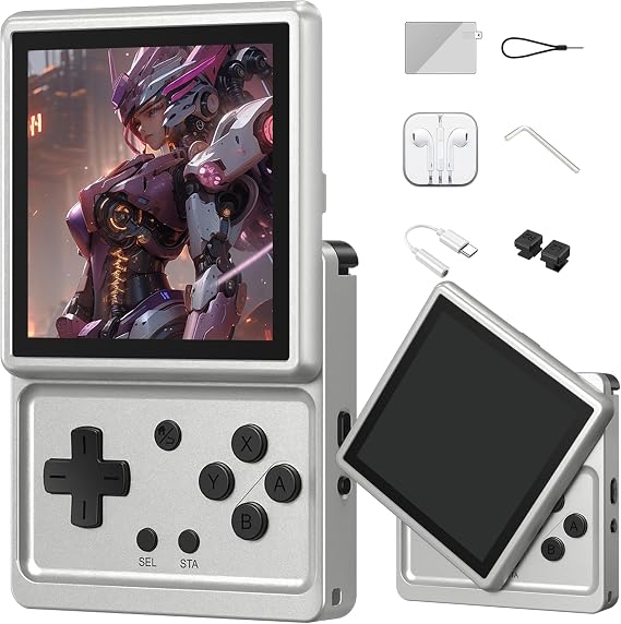 RG Rotate Retro Handheld Game Console Android 12 Gaming Handheld 3.5-inch IPS 8735 ROMs Ready to Play Swivel Touchscreen WiFi Bluetooth Gaming Device Earphone Bonus Bundle (Aurora Silver-128GB)
