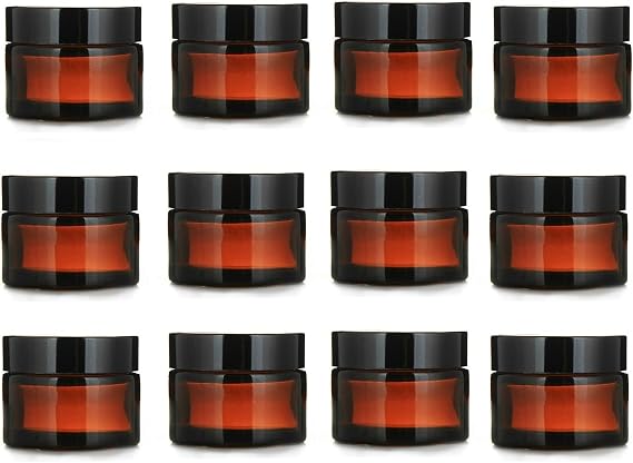 1 oz Amber Glass Jar w/ Black Lid, High End Glass Salve Cream Jars by Premium Vials, (Pack of 12)