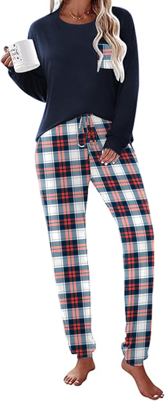 Ekouaer Womens Pajamas Set Long Sleeve Pjs Soft Lounge Sets for Women Sleepwear Joggers with Pockets