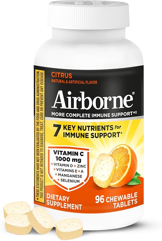 Airborne Vitamin C 1000mg per Serving - Citrus Chewable Tablets 96 Count in a Box - Packaging May Vary