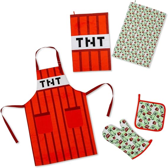 Minecraft Red TNT Kitchen Set | Apron, Oven Mitt, Dish Towels, Pot Holder