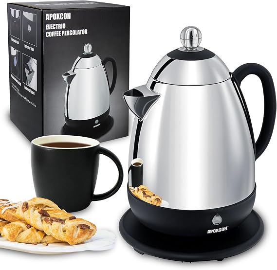 APOXCON Electric Coffee Percolator – 10-Cup Stainless Steel Coffee Maker with Clear Brew Progress Knob, Cordless Serving Design